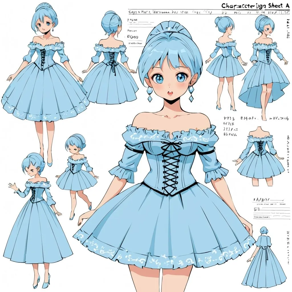 Prompt: Character design sheet a very long Off shoulder sleeves Baby blue corset dress