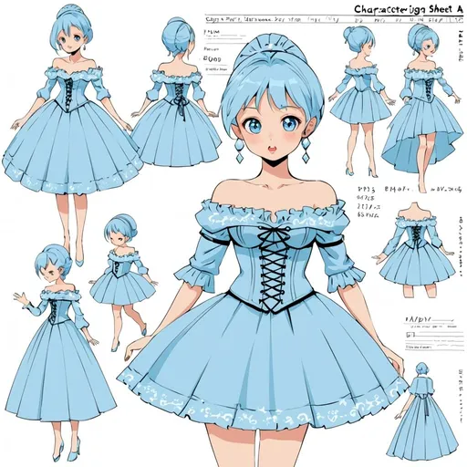 Prompt: Character design sheet a very long Off shoulder sleeves Baby blue corset dress
