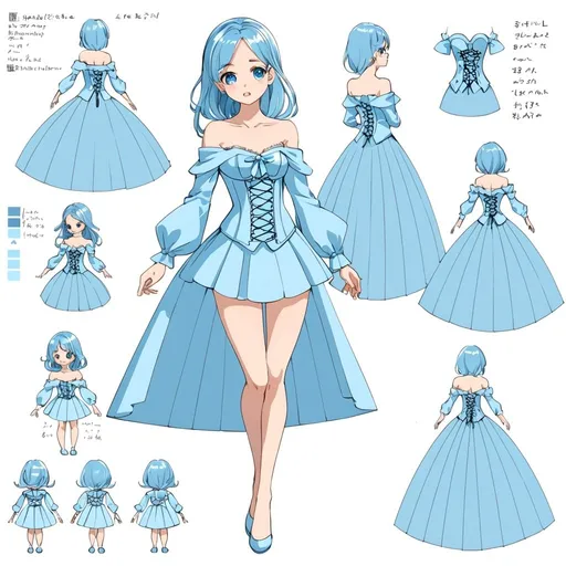 Prompt: Character design sheet a very long Off shoulder sleeves Baby blue corset dress