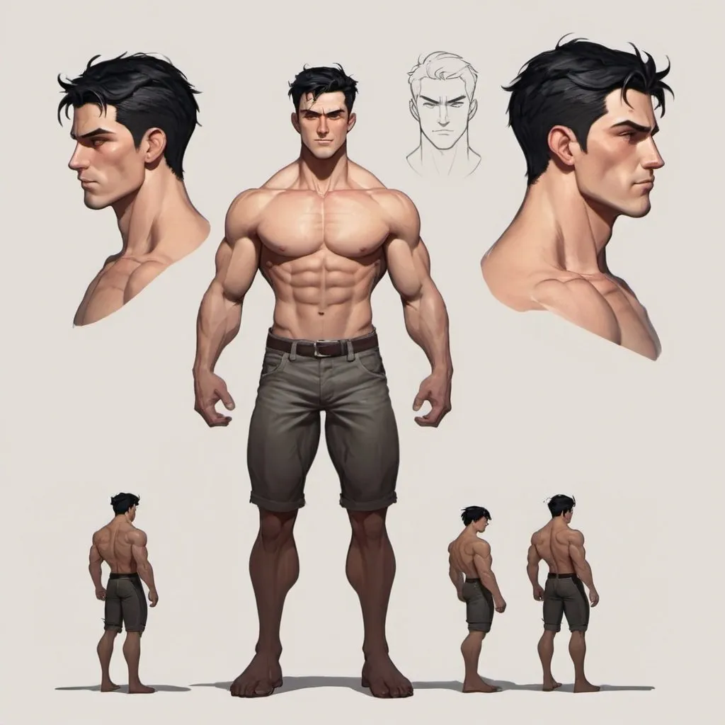 Prompt: Character design sheet male 5’8 muscular but lean male with short black hair, feminine features