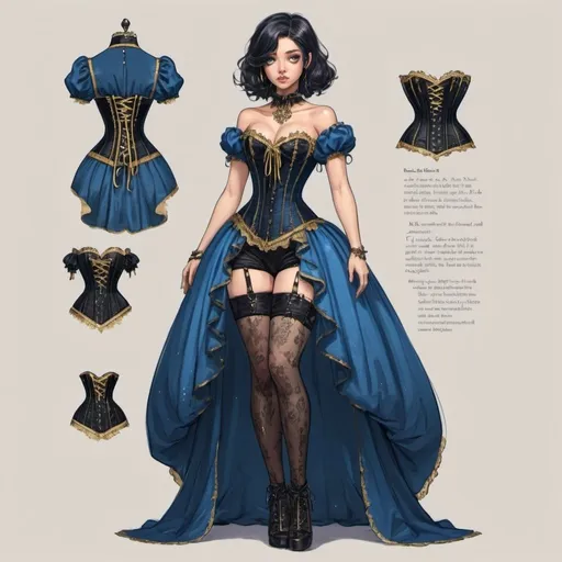 Prompt: Character design sheet a black and blue puffy dress that's short in the front and long in the back with gold dust and a corset