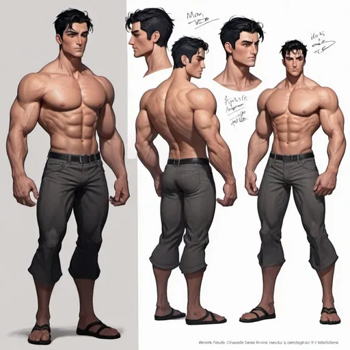 Prompt: Character design sheet male 5’8 muscular but lean male with short black hair, feminine features