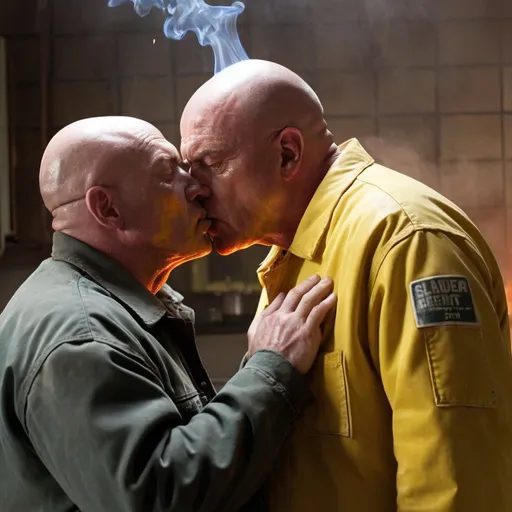 Prompt: Walter white and Hank Schrader kissing in the meth lab while it burns down