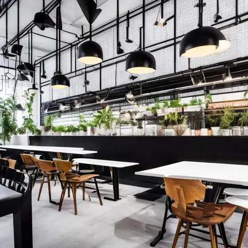 Prompt: Photo of a modern corporate cafeteria with black and white and light wood palette. some plants. hanging lights. Spacious  and not too crowded. No windows. White subway tile walls. Overall Swedish style interior design style. Looks like a cafe or coffee shop in Shoreditch.