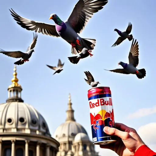 Prompt: Red bull can flying with pigeons