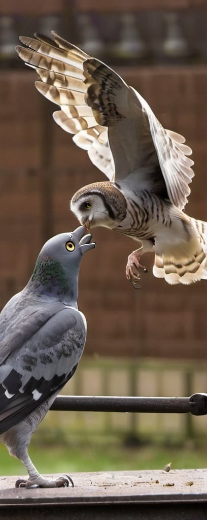 Prompt: An owl beating up a pigeon 