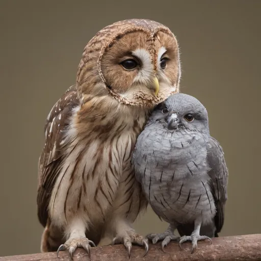 Prompt: Cute brown Tawny owl cuddling with cute small gray pigeon 