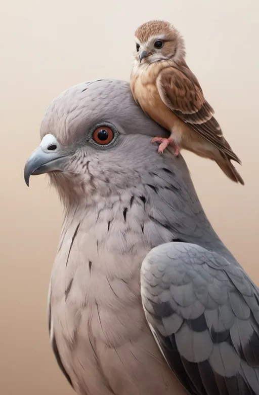 Prompt: High-quality, detailed illustration of a cute gray pigeon sitting on the head of a brown owl, realistic feathers and fur textures, adorable and heartwarming scene, soft pastel colors, gentle lighting, professional art style, cute animals, soft and fluffy, heartwarming, detailed feathers, adorable scene, pastel colors, gentle lighting, highres, heartwarming illustration