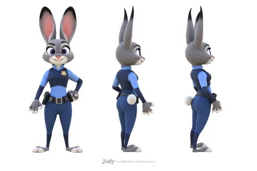 Prompt: A full-body character sheet of 3D animation female rabbit Judy Hopps ec96afe4 with gray fur, large ears, blue police uniform, determined expression displayed in three clear views on a clean white background, arranged in a three-column grid pattern with equal spacing and importance. Left panel: front view showing complete anatomical details and outfit. Center panel: perfect 90-degree side view (profile) clearly showing the character's side silhouette, facial profile, and outfit from a direct lateral perspective. Right panel: back view revealing posterior details Each view maintains consistent scale, lighting, and full-body presentation from head to toe. All three perspectives must be equally detailed and given equal prominence in the composition.