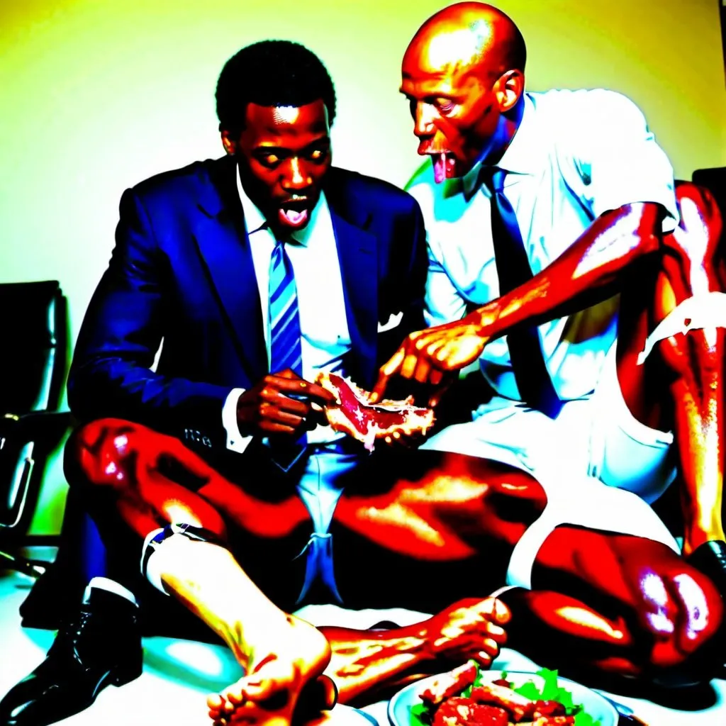 Prompt: black man eating meat between white mans legs
