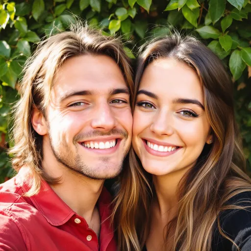Prompt: Bright smiles radiate from two young individuals, embraced in a close selfie against a backdrop of lush green foliage that indicates an outdoor setting. The woman, with long hair and a black top, displays a joyful expression, while the man beside her, wearing a red button-up shirt, leans in with a content grin, suggesting a moment of affection and camaraderie. The warm natural light enhances their features and highlights the playful atmosphere of the scene. Their close proximity and cheerful expressions convey a sense of companionship and happiness, capturing a precious moment in time.