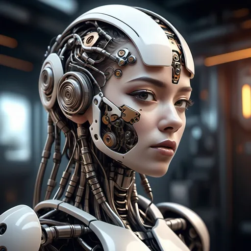 Prompt: A hyper-realistic, futuristic cyborg with intricate mechanical components and human-like skin, detailed robotic textures seamlessly blending with organic features, cyberpunk-inspired design, soft yet dramatic lighting, ultra-high resolution details, neutral and metallic tones, studio background with industrial vibes, cinematic composition, 8K rendering, concept art perfection, created with Unreal Engine and Octane Render.--weird｛0,300,500,700｝ --chaos 40 --ar 9:16 --stylize 500 --v 6.1