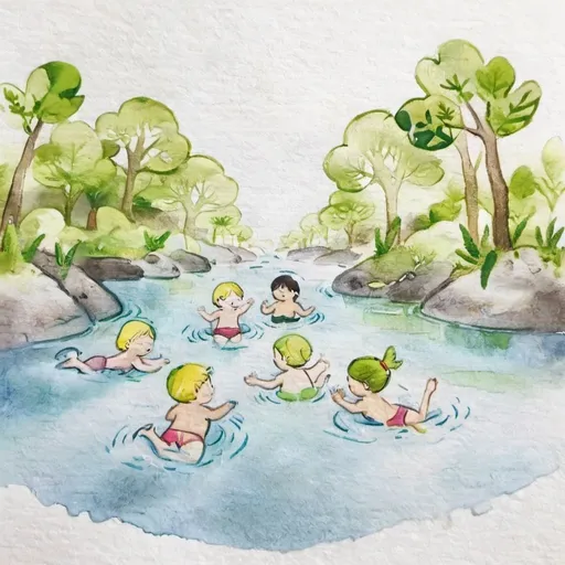 Prompt: children swimming and playing in the river