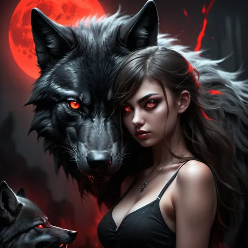 Prompt: black wolf with glowing red eyes and badass girl to the side