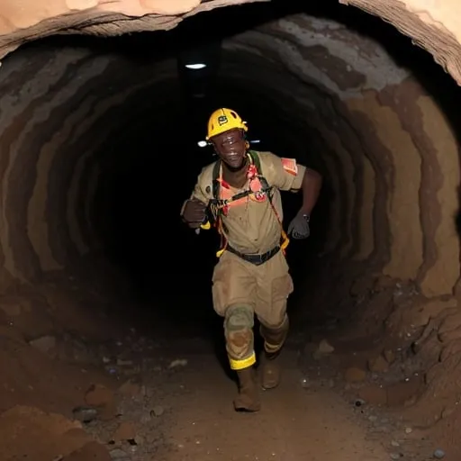 Prompt: an african male who is a member of an underground mines rescue team, in action being a hero 