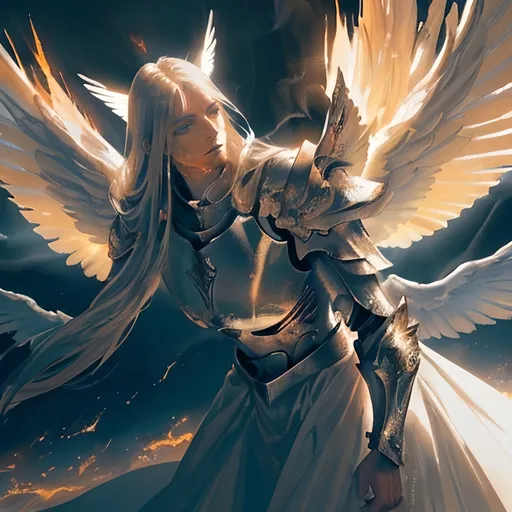 Prompt: Beautiful (tall angel) saving a man during battle, dramatic lighting, ethereal (glow) surrounding angel, majestic (wings spread wide), intense battlefield in the background with smoke and fire, vibrant and contrasting color tones, expression of courage and protection, man looking up in awe, angelic details on armor and attire, cinematic masterpiece, ultra-detailed, 4K.