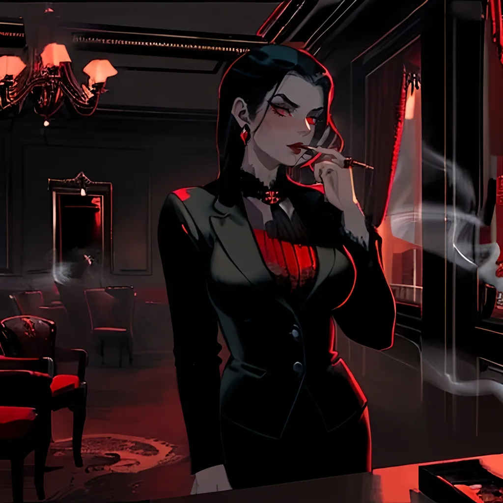 Prompt: ( a beautiful cruel female mafia boss smoking), noir style, dimly lit room with shadows, sultry and confident expression, vintage gangster attire, black and red color tones, sophisticated and powerful atmosphere, cigar smoke swirling, elegant office with mahogany furniture, cityscape through the window, intricate detailing, ultra-detailed, cinematic masterpiece, high resolution, 4K