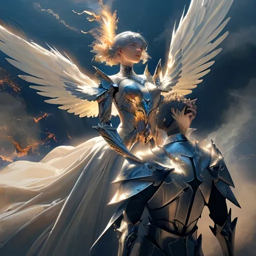 Prompt: Beautiful (tall angel) saving a man during battle, dramatic lighting, ethereal (glow) surrounding angel, majestic (wings spread wide), intense battlefield in the background with smoke and fire, vibrant and contrasting color tones, expression of courage and protection, man looking up in awe, angelic details on armor and attire, cinematic masterpiece, ultra-detailed, 4K.