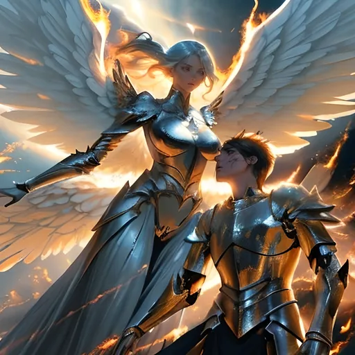 Prompt: Beautiful (tall female angel) saving a man during battle, dramatic lighting, ethereal (glow) surrounding angel, majestic (wings spread wide), intense battlefield in the background with smoke and fire, vibrant and contrasting color tones, expression of courage and protection, man looking up in awe, angelic details on armor and attire, cinematic masterpiece, ultra-detailed, 4K.