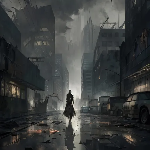 Prompt: beautiful (tall woman) walking in a dystopian city, decaying skyscrapers, cracked streets, overcast skies, intricate details, abandoned vehicles, urban setting, dark clouds, muted colors, somber atmosphere, melancholic mood, lonely environment, gritty, high contrast lighting, cinematic masterpiece, 4K, ultra-detailed, HD, dramatic shadows, soft light reflecting on broken glass, rusty and worn-down architecture in the background, distressed and weathered surfaces.