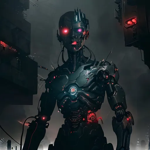 Prompt: A cyborg injured in war, dramatic lighting, dark and intense atmosphere, dystopian sci-fi setting, vivid contrast, sparks and smoke, detailed mechanical limbs and exposed circuits, battle scars, neon-glow highlights, ruined futuristic cityscape background, Ultra HD, ultra-detailed, dark and moody color tones, high quality, high depth cinematic masterpiece