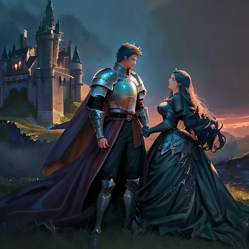 Prompt: A handsome knight protecting his beautiful queen, photorealistic, dramatic lighting, vibrant deep color tones, romantic atmosphere, ultra-detailed, high definition, cinematic masterpiece, knight in shining armor, princess in a flowing gown, medieval setting, castle in the background, twilight sky, soft warm glow, tender expressions, lush green landscape, intricately designed armor and dress, epic and heroic.