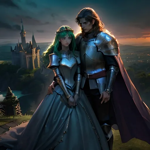 Prompt: A handsome knight protecting his beautiful princess, photorealistic, dramatic lighting, vibrant deep color tones, romantic atmosphere, ultra-detailed, high definition, cinematic masterpiece, knight in shining armor, princess in a flowing gown, medieval setting, castle in the background, twilight sky, soft warm glow, tender expressions, lush green landscape, intricately designed armor and dress, epic and heroic.