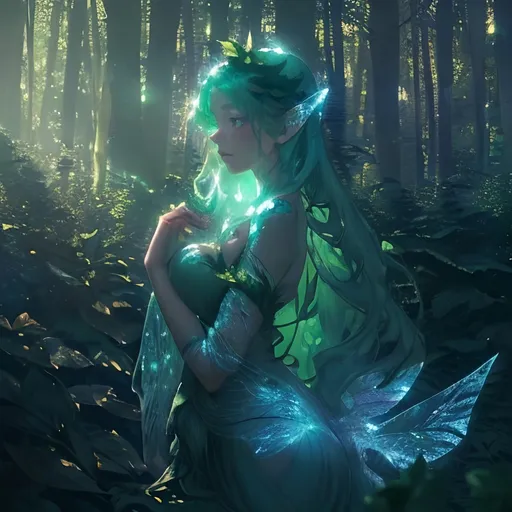 Prompt: (Beautiful woman) lost in a (magical forest), ethereal atmosphere, misty surroundings, vibrant and rich color palette with twilight hues, glowing fairy lights in the background, serene and hauntingly beautiful scenery, tall and dense trees, lush foliage, soft beams of light filtering through leaves, enchanted and mysterious mood, ultra-detailed, 4K, visually stunning masterpiece.