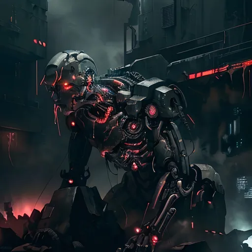 Prompt: A cyborg injured in war, dramatic lighting, dark and intense atmosphere, dystopian sci-fi setting, vivid contrast, sparks and smoke, detailed mechanical limbs and exposed circuits, battle scars, neon-glow highlights, ruined futuristic cityscape background, Ultra HD, ultra-detailed, dark and moody color tones, high quality, high depth cinematic masterpiece