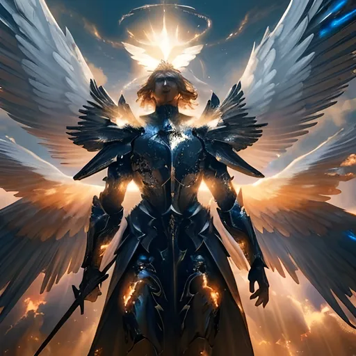 Prompt: Beautiful (tall angel) saving a man during battle, dramatic lighting, ethereal (glow) surrounding angel, majestic (wings spread wide), intense battlefield in the background with smoke and fire, vibrant and contrasting color tones, expression of courage and protection, man looking up in awe, angelic details on armor and attire, cinematic masterpiece, ultra-detailed, 4K.