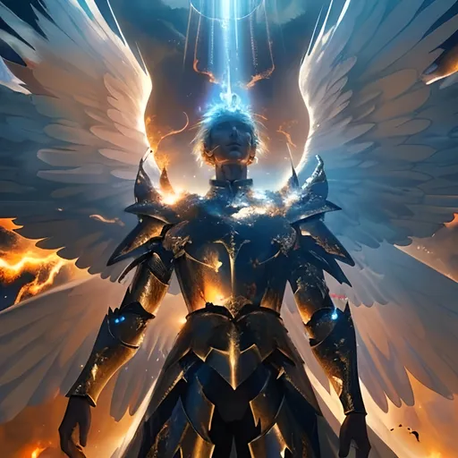 Prompt: Beautiful (tall angel) saving a man during battle, dramatic lighting, ethereal (glow) surrounding angel, majestic (wings spread wide), intense battlefield in the background with smoke and fire, vibrant and contrasting color tones, expression of courage and protection, man looking up in awe, angelic details on armor and attire, cinematic masterpiece, ultra-detailed, 4K.