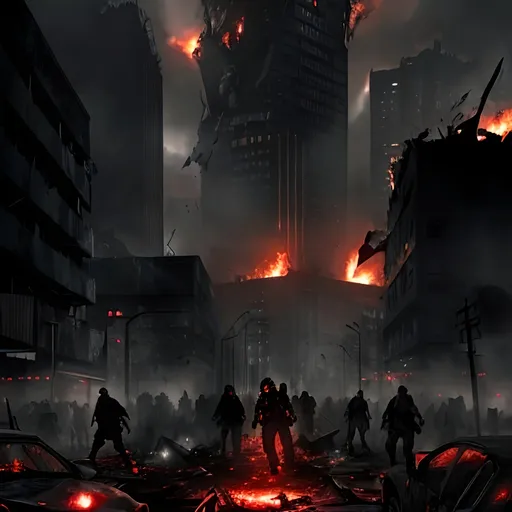 Prompt: (humanity's last stand against zombies), dramatic scene, intense action, desperate heroes, determined faces, hordes of zombies, ruined cityscape, dark and foreboding atmosphere, moody lighting, high contrast, deep shadows, vibrant splashes of red and orange, flickering fires, destroyed buildings, broken vehicles, scattered debris, photorealistic, ultra-detailed, cinematic quality, 4K resolution, epic and grandiose, sense of urgency and danger, grim and somber mood