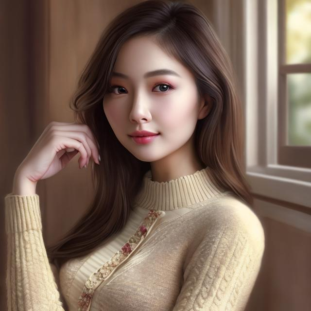 Prompt: High-detail, realistic photo of a young, beautiful Asian woman in a sweater blouse, cleavage, warm and cozy, soft lighting, realistic portrait, detailed facial features, soft colors, elegant, cozy, realistic painting, detailed eyes, sweater blouse, warm tones, subtle cleavage