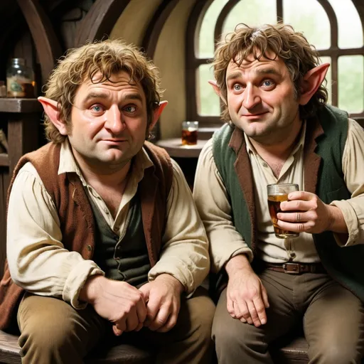 Prompt: two hobbits, drunk, dumb, trashy, realistic style, high quality, one fat, one skinny, trouble makers, earth tones, detailed faces, 