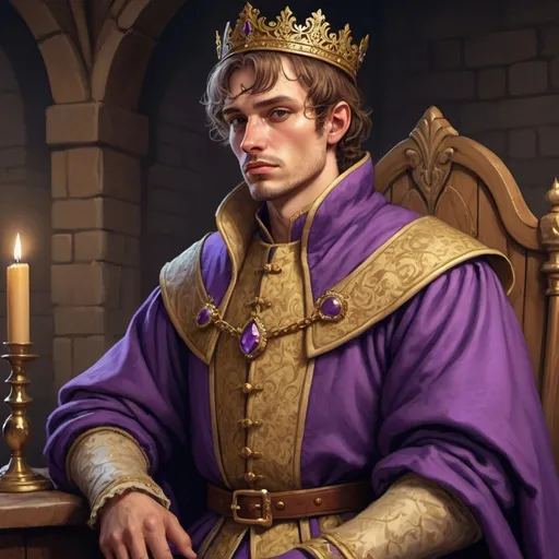 Prompt: noble, regal, royal, inbred, pervert, purple and gold theming, lazy, realistic style, medieval, professional lighting, realistic style, Hedonist, puffy clothes, detailed facial features, high-quality, realistic style