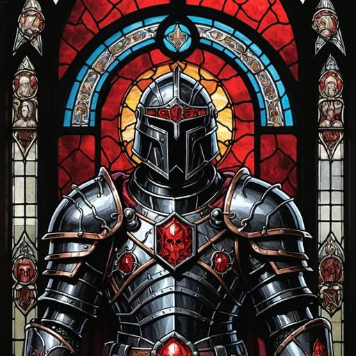 Prompt: depicted in a stain glass window is The Doom Lord, he is wearing Medieval style black iron armor with red accents. his helmet is intimidating and obscures his face except for his eyes that are glowing red like burning coals. 