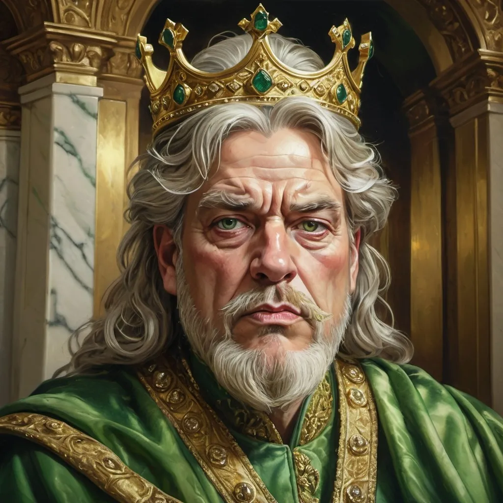 Prompt: Realism, old crazy king, intense gaze, flowing robes, green gold and marble, detailed facial features, ornate crown, regal atmosphere, historical setting, realistic lighting, high quality, detailed, professional, intense expression, royal attire, marble background, golden tones, regal, traditional art style