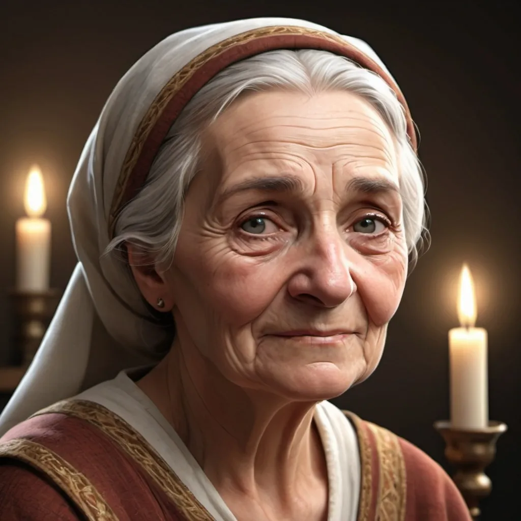 Prompt: realistic style, medieval, professional lighting, detailed facial features, high-quality, old woman, Italian, noble, comforting, dark complexion, happy, 