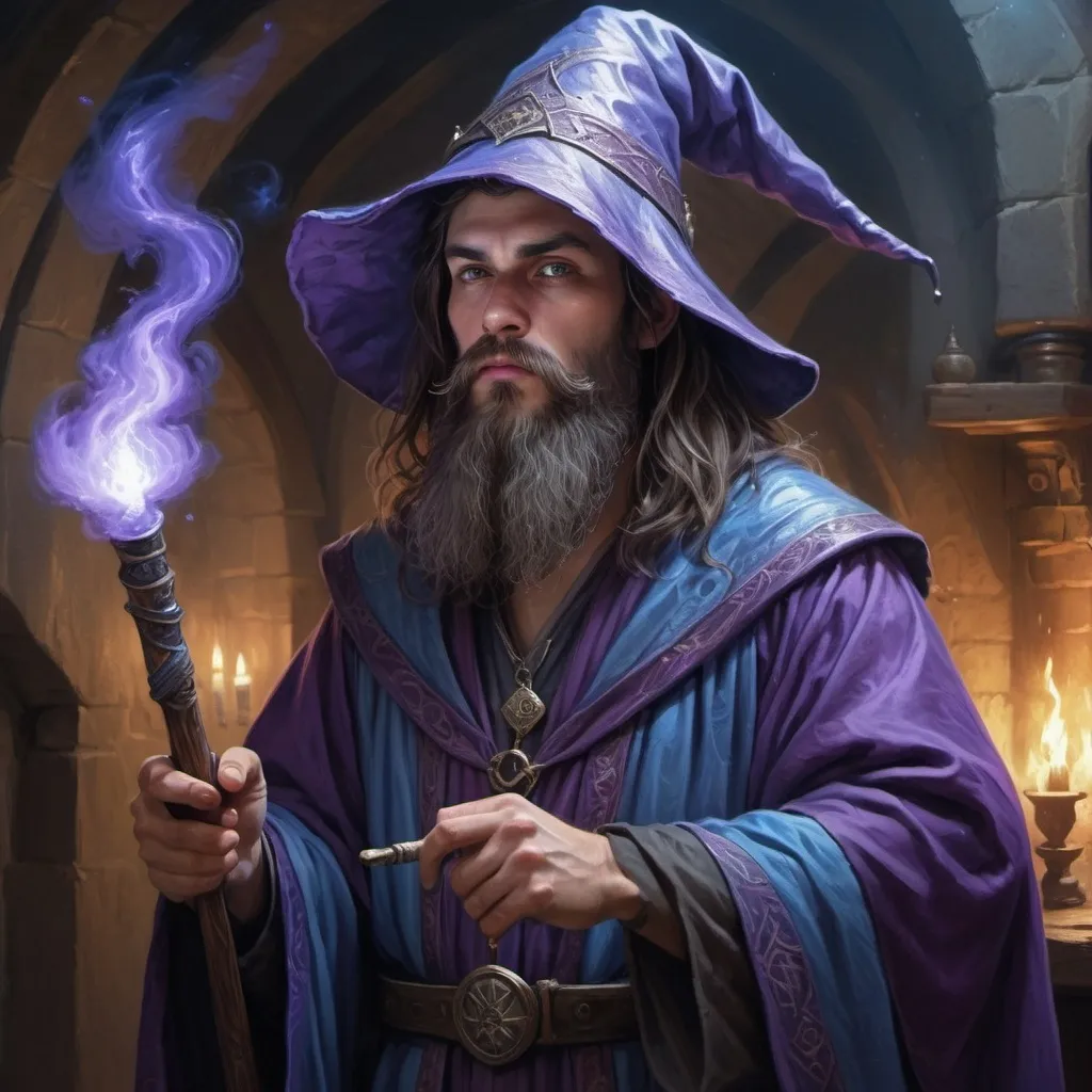 Prompt: Realistic painting, young wizard, ugly, dark beard, nebulous robes, silly hat, medieval setting, blue and purple color scheme, mystical atmosphere, staff held like a gun, detailed facial features, high-quality, realistic style, magical lighting, professional, mystical, ancient setting, detailed robes, precise brushwork, atmospheric lighting, fantasy art