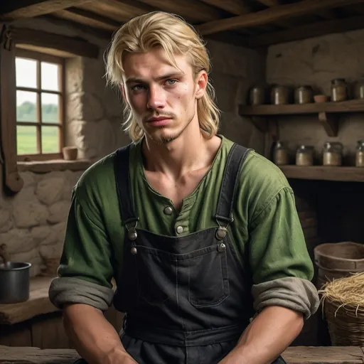 Prompt: realism, farmer, stoic expression, overalls, young, mullet, missing teeth, drug addict, medieval setting, humble, green and black clothing, blonde hair, polish, detailed, high quality, realistic style, stoic expression, rustic atmosphere, medieval clothes, rural, professional lighting