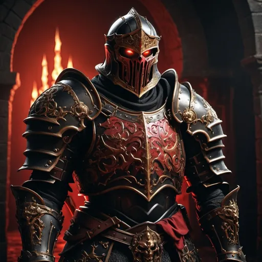 Prompt: Realistic depiction of a the Doom lord moody atmosphere, detailed black and red armor elements, realistic lighting and shadows, high quality, realistic style, medieval, Knight in armor, black red and gold, moody atmosphere, inviting, realistic lighting, atmospheric, detailed shadows