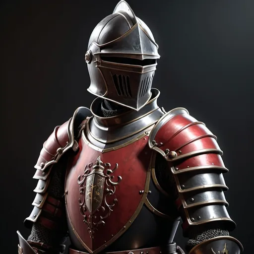 Prompt: realistic, Knight captain, responsible, honorable, black and red armor, gentle, kind, middle aged, high quality, realistic style, professional lighting, atmospheric, detailed shadows, 