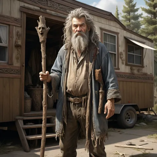 Prompt: Realistic full-body depiction of a trailer park wizard, rugged and unkempt appearance, wearing tattered and mismatched clothing, wild and disheveled hair, holding a weathered wooden staff with mystical carvings, natural lighting, ultra-detailed, realistic, wizard, rural, rugged appearance, weathered clothing, unkempt hair, mystical staff, earthy tones, natural lighting, wilderness
