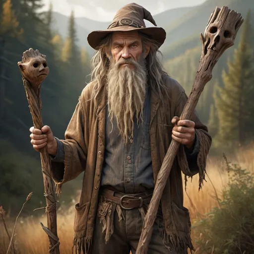 Prompt: Realistic full-body depiction of a hillbilly wizard, rugged and unkempt appearance, wearing tattered and mismatched clothing, wild and disheveled hair, holding a weathered wooden staff with mystical carvings, surrounded by rural wilderness, warm earthy tones, natural lighting, ultra-detailed, realistic, wizard, rural, rugged appearance, weathered clothing, unkempt hair, mystical staff, earthy tones, natural lighting, wilderness