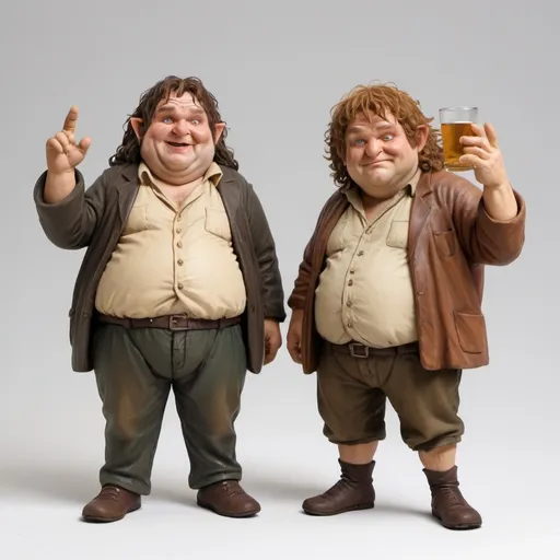 Prompt: two hobbits, drunk, dumb, trashy, realistic style, high quality, one fat, one skinny, trouble makers, earth tones, detailed faces, both have 10 fingers total,