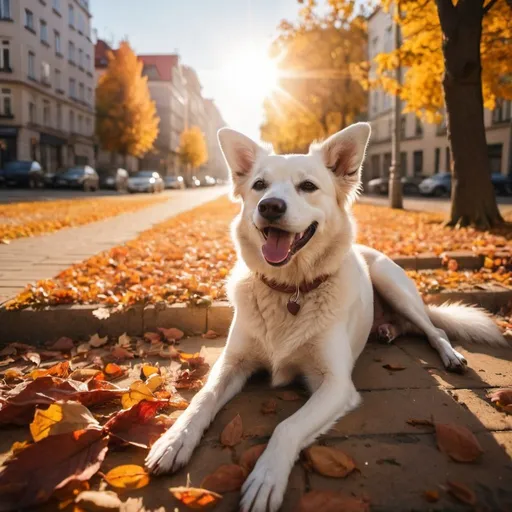 Prompt: Happy dog under the sun, city, autumn, real life photography