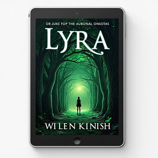 Prompt: eBook Cover:
Dimensions: Minimum 1000px wide x 1600px high, 300 DPI. Recommended size is 2560px x 1600px.
Format: JPEG or PNG.
Design: The cover should reflect the fantasy/sci-fi genre, with imagery evoking Eldreth Forest, portals, or Lyra’s journey. Use bold, readable fonts for the title and author name. Avoid clutter to ensure clarity on small screens.
