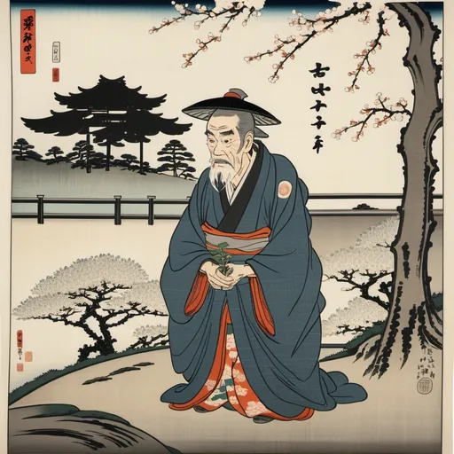 Prompt: Ukiyo-e japanese art of old man in obi looking at a sprouting plant in an isolated part of a large garden without cherry trees