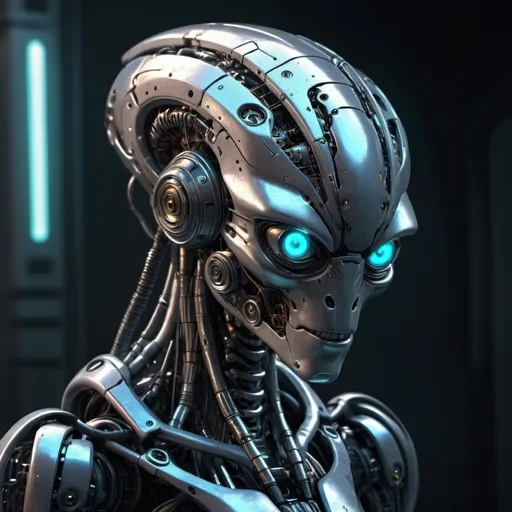 Prompt: Big grey robot alien, metallic texture, glowing neon accents, sci-fi, futuristic, detailed mechanical components, highres, cyberpunk, cool tones, atmospheric lighting