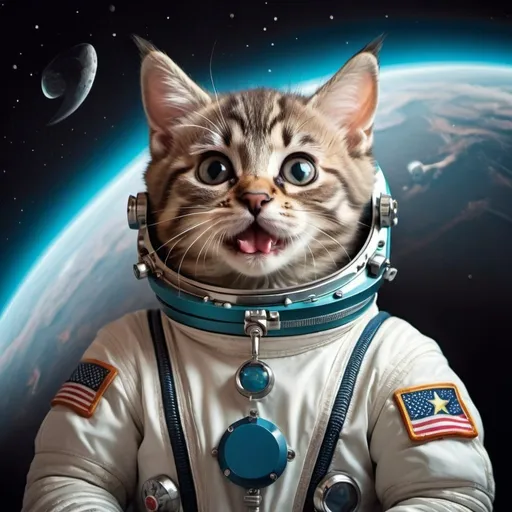 Prompt: A realistic funny picture with a Cosmonaut Kitten